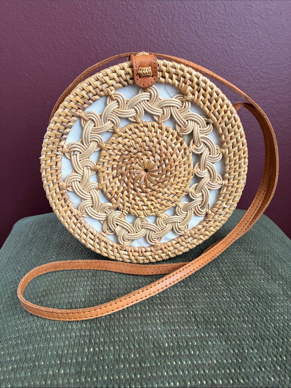 Handwoven Round Rattan Crossbody Bag in Tan and Cream